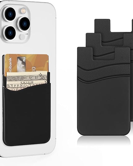 SHANSHUI Phone Card Holder, Silicone Phone Wallet Stick on Credit Card Holder Pocket for Almost All Smartphones (Black/3pcs)