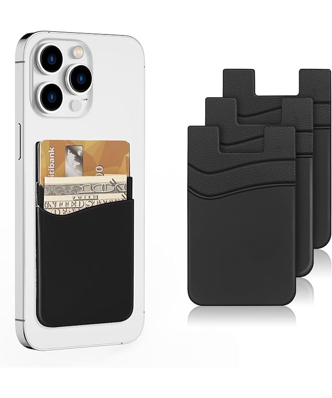 SHANSHUI Phone Card Holder, Silicone Phone Wallet Stick on Credit Card Holder Pocket for Almost All Smartphones (Black/3pcs)