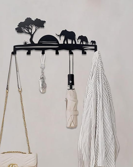 BooWoodNeonMetal Elephant Family Metal Key Hook Rack - African Savannah Sunset Wall Decor - Practical and Artistic Key Organizer, Hallway, Kitchen, Office