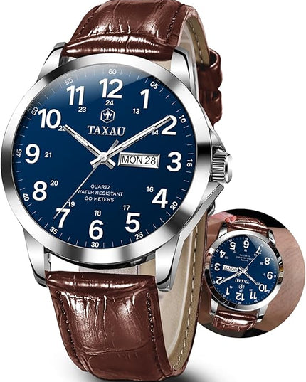 Men's Watches Leather Band Stainless Steel Quartz Analog Watch Luxury Waterproof Watches for Men Dress Men's Wrist Watch with Day Date Arabic Numeral Relojes para Hombre