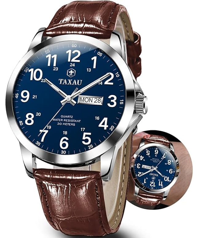 Men's Watches Leather Band Stainless Steel Quartz Analog Watch Luxury Waterproof Watches for Men Dress Men's Wrist Watch with Day Date Arabic Numeral Relojes para Hombre