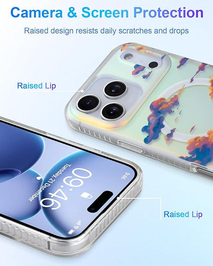 Cute Case for iPhone 17 Pro Case for Women Girls [ Compatible with Magsafe ] Aesthetic Cloud Pattern Design, Girly Glitter Sparkly Bling Protective Phone Cover, Iridescent Sun Set Sky