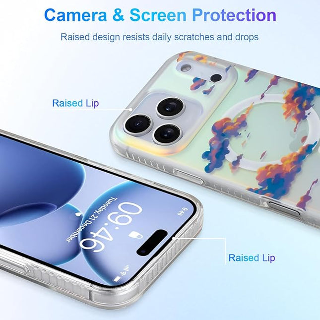 Cute Case for iPhone 17 Pro Case for Women Girls [ Compatible with Magsafe ] Aesthetic Cloud Pattern Design, Girly Glitter Sparkly Bling Protective Phone Cover, Iridescent Sun Set Sky