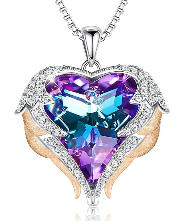 CDE Christmas Gifts for Women Angel Wings Necklace for Women with Birthstone, Love Heart Silver Tone/Gold Tone Pendant, Ideal Anniversary or Birthday Jewelry Gifts for Wife Girlfriend Her