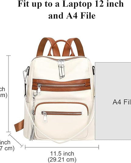 ALTOSY Genuine Leather Backpack Purse for Women Large Shoulder Bag With Laptop Compartment Multiple Pockets (S106 Beige/Brown)