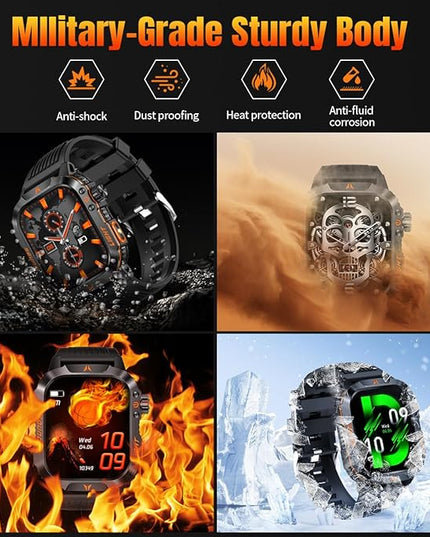 QTLLBT Military Smartwatch, Answer Make Calls LED Flashlight Barometer Compass 2.01HD IP68 Waterproof Outdoor Tactical Watch 100+ Sports Modes Sleep Heart Rate Available for Android iOS (Steel Band)