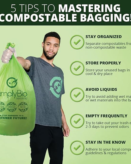 Simply Bio 13 Gallon Compostable Trash Bags Liners with Flat-Top, Thick 0.87 Mil, 49.21 Liter, 50 Bags, Tall Kitchen Food Scrap Waste Bag, ASTM D6400, US BPI and OK Compost Home Certified