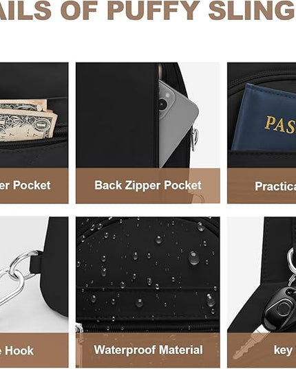 Sling Bag for Women, Anti-Theft RFID Crossbody Bag Nylon Sling Purse for Travel, Puffy Small backpack for Daily Hiking Sports Black