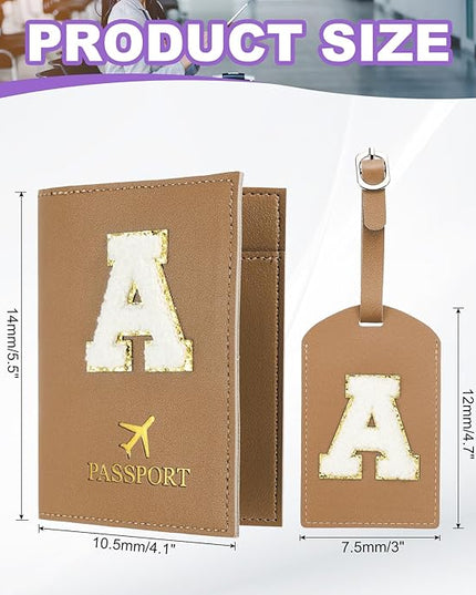 PATIKIL Passport Holder for Travel, Initial Passport Cover and Luggage Tag Set with Alphabet Chenille Letter Patch Travel Wallet Bag Suitcase Identifier for Women Family Travel Brown A