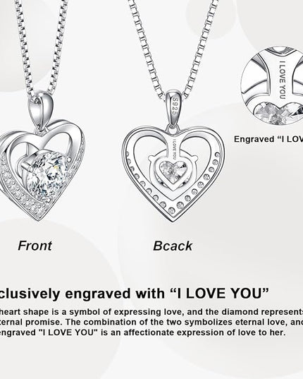 Moissanite Necklace for Women, Heart Pendant Engraved 'I Love You' Gifts for Wife, Valentine's Day Gift Anniversary Eternity Birthday Present Sterling Silver Jewelry for Her