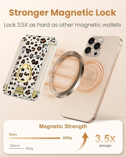 Shorogyt Compatible with Magsafe Wallet with Ring Grip Magnetic Card Holder - Cute Phone Wallets with Stand for iPhone 17/16/15/14/13/12 Series for Women Girls White Leopard Design, Fit 7 Cards