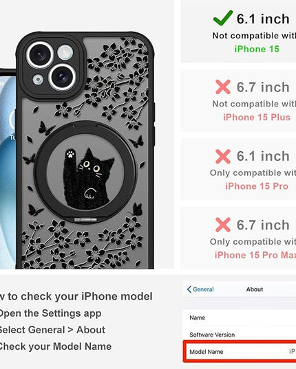 Cute Case for iPhone 15 Case with Stand [ Compatible with MagSafe ] Kawaii Black Cat & Floral & Butterflies Pattern Design 360 Magnetic Ring Kickstand Phone Cover for Women Girls Boys