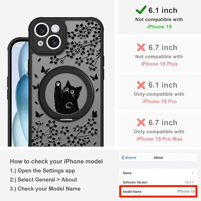 Cute Case for iPhone 15 Case with Stand [ Compatible with MagSafe ] Kawaii Black Cat & Floral & Butterflies Pattern Design 360 Magnetic Ring Kickstand Phone Cover for Women Girls Boys