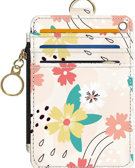 Slim Wallet Credit Card Holder, Pink and green flowers, RFID Wallet Women Cute Small Front Pocket Wallet With Zipper, PU Leather Thin travel RFID Blocking Card Case ID Window,Ladies Gifts