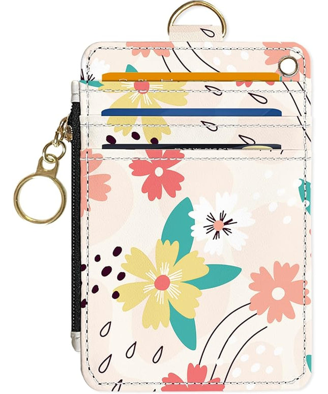 Slim Wallet Credit Card Holder, Pink and green flowers, RFID Wallet Women Cute Small Front Pocket Wallet With Zipper, PU Leather Thin travel RFID Blocking Card Case ID Window,Ladies Gifts