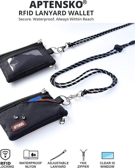 RFID Blocking Small Travel Wallet with Adjustable & Detachable Lanyard for Women&men- Minimalist Nylon Zipper Pouch with ID Card Holder, Keychain for Cash, Key, Coin (Black)