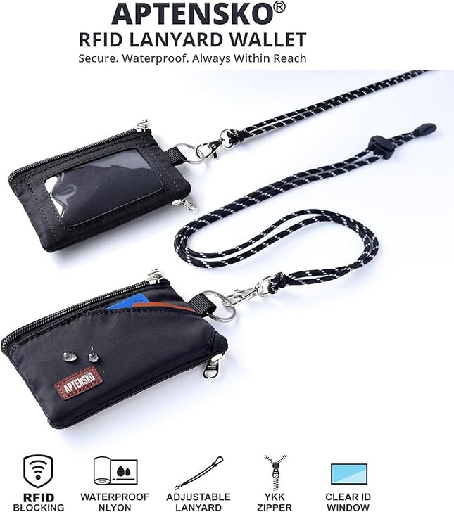 RFID Blocking Small Travel Wallet with Adjustable & Detachable Lanyard for Women&men- Minimalist Nylon Zipper Pouch with ID Card Holder, Keychain for Cash, Key, Coin (Black)