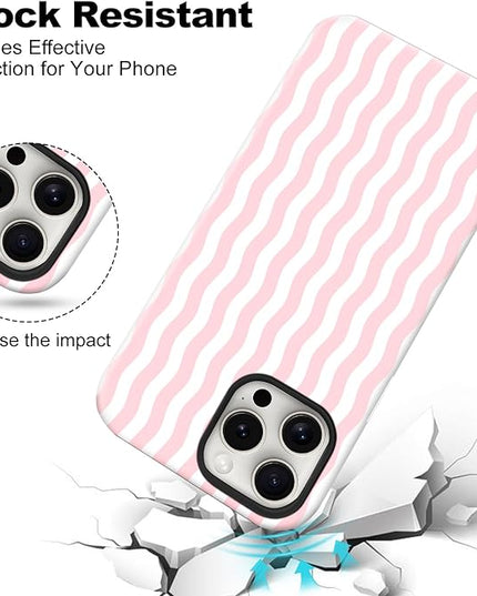 Magnetic for iPhone 15 Pro Max Case Cute Wavy Stripes Phone Case, Shockproof Slim TPU and Hard PC Protective Phone Cover Compatible with MagSafe Designed for Women Girls, Pink