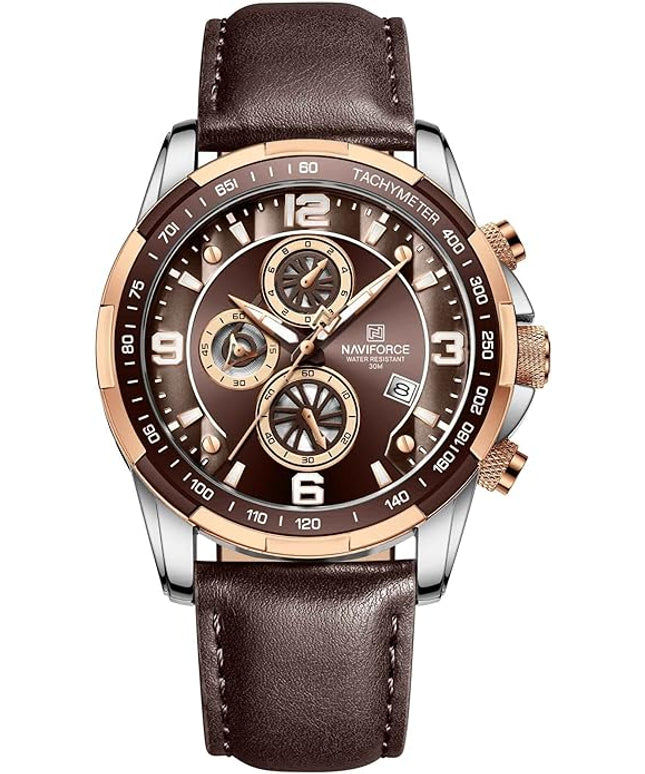 NAVIFORCE Sport Watches for Men Analog Quartz Chronograph Leather Strap Wrist Watch