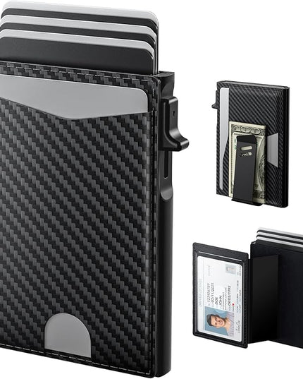 typecase Flip Pop Up Wallet for Men Card Holder: Smart Privacy & ID Display Mode, RFID Blocking, Slim Genuine Leather, Minimalist Front Pocket - 8 Card Capacity | ID Window | Money Clip (Carbon Fiber)