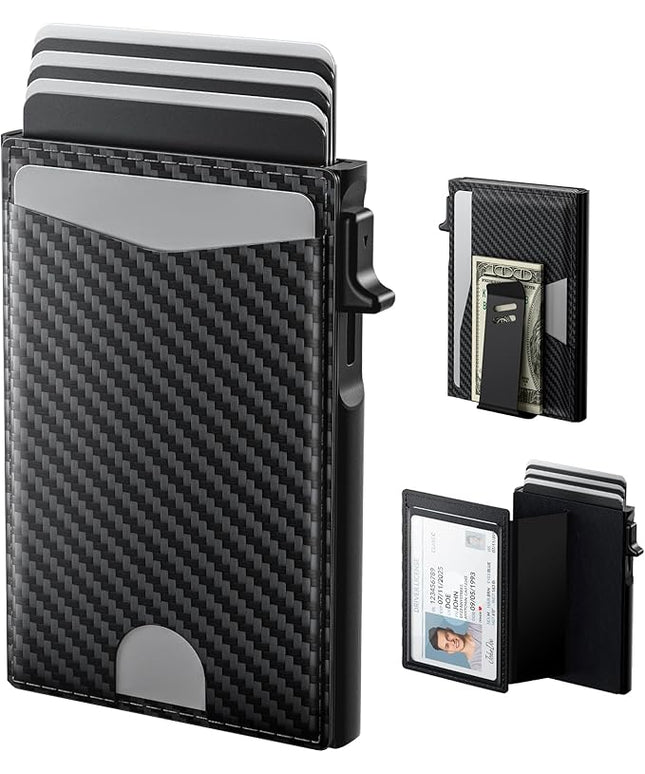 typecase Flip Pop Up Wallet for Men Card Holder: Smart Privacy & ID Display Mode, RFID Blocking, Slim Genuine Leather, Minimalist Front Pocket - 8 Card Capacity | ID Window | Money Clip (Carbon Fiber)
