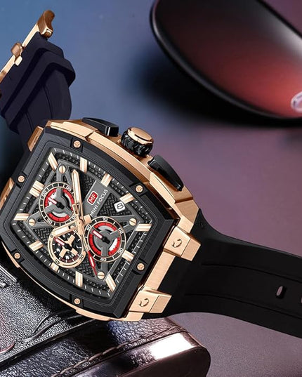 MF MINI FOCUS Men's Watch Analog Fashion Wrist Watch, Skeleton Tonneau Watch for Men with Chronograph,Ideal for Sports Enthusiasts and Daily Wear