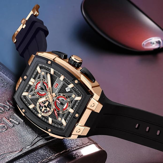 MF MINI FOCUS Men's Watch Analog Fashion Wrist Watch, Skeleton Tonneau Watch for Men with Chronograph,Ideal for Sports Enthusiasts and Daily Wear