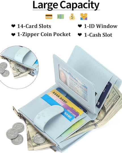 GAEKEAO Small Wallets for Women Leather RFID Blocking Bifold Zipper Pocket Wallet Card Case Purse with ID Window