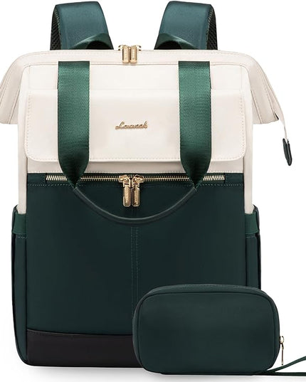 LOVEVOOK Laptop Backpack for Women, 15.6 Inch Work Laptop Bag with USB Port, Fashion Teacher Nurse Backpack Purse, Waterproof Travel Computer Backpack with Organizer Bag, 2PCS, Beige-Green