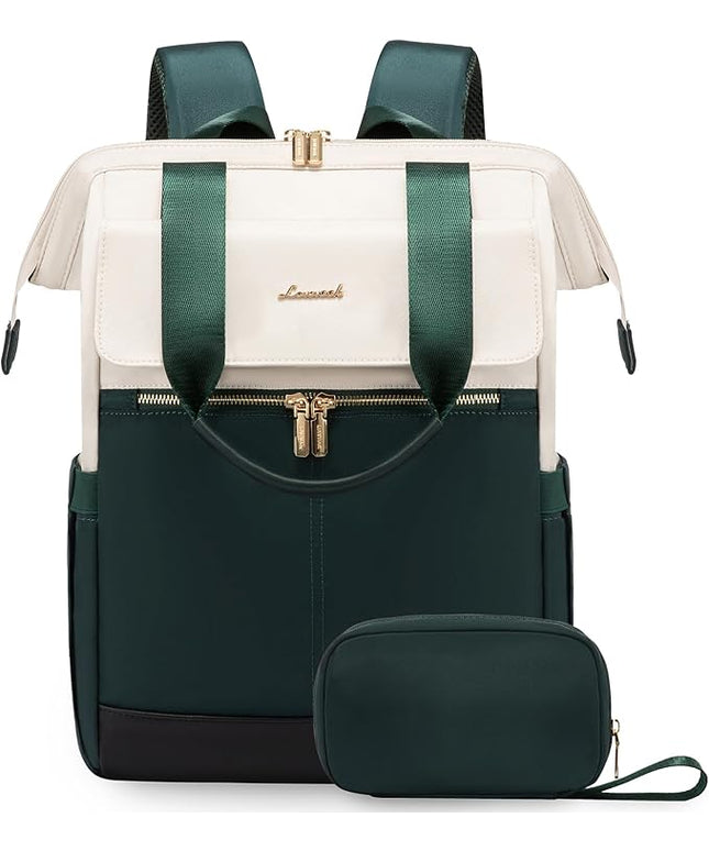 LOVEVOOK Laptop Backpack for Women, 15.6 Inch Work Laptop Bag with USB Port, Fashion Teacher Nurse Backpack Purse, Waterproof Travel Computer Backpack with Organizer Bag, 2PCS, Beige-Green