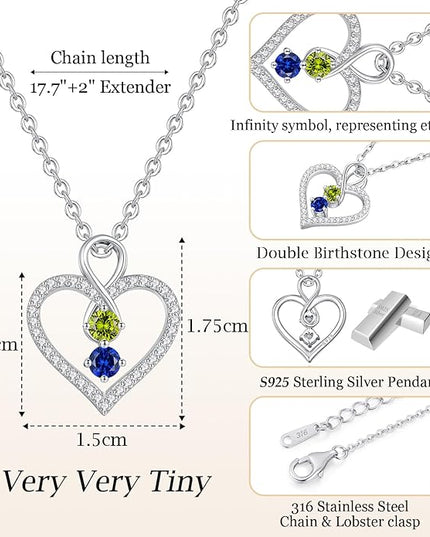 LOUISA SECRET Infinity Double Birthstone Necklace, 925 Sterling Silver Tiny Pendant Heart Necklace for Women Wife Her, Best Jewelry Gift Heart Jewelry Meaningful Gift for Valentine's Day, Christmas, Birthday Anniversary