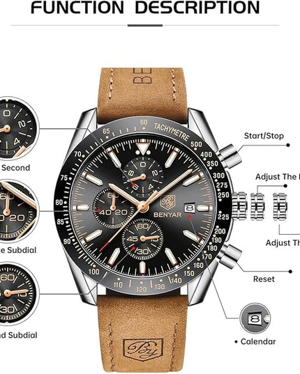 BY BENYAR Watch for Men Analog Quartz Chronograph Waterproof Luminous Designer Mens Wrist Watches Business Work Sport Casual Dress Watch with Silicone Strap Elegant Gifts for Men