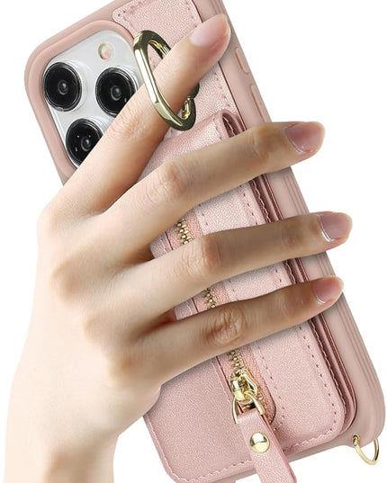 for iPhone 15 Pro Wallet Case with Card Holder, for iPhone 15 Pro Case Wallet with Strap Credit Card Slot, Crossbody Bag with Zipper Case for iPhone15 Pro- Rose Gold