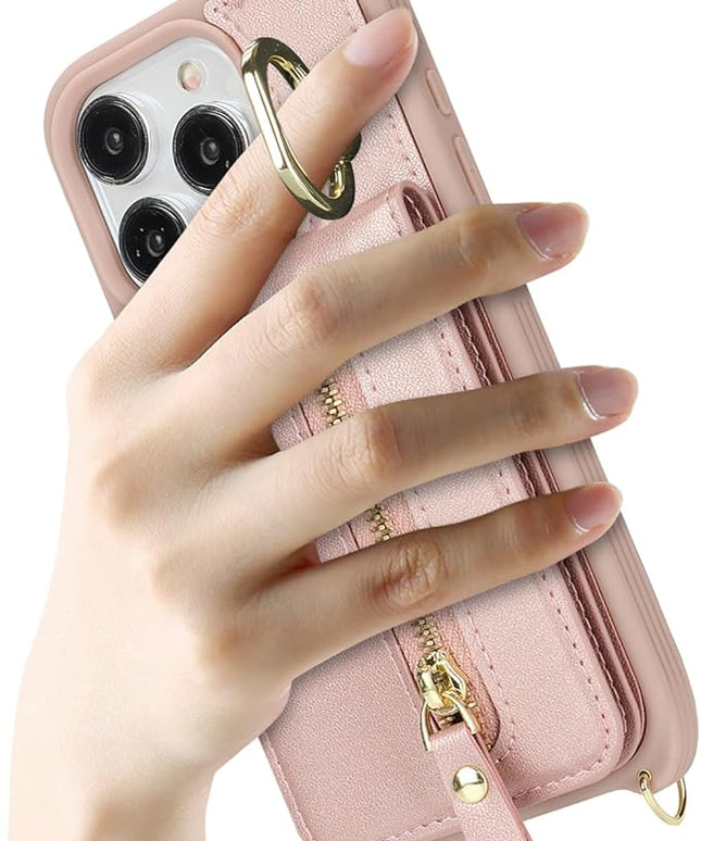 for iPhone 15 Pro Wallet Case with Card Holder, for iPhone 15 Pro Case Wallet with Strap Credit Card Slot, Crossbody Bag with Zipper Case for iPhone15 Pro- Rose Gold