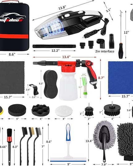 AUTODECO 40Pcs Car Wash Detailing Kit Cleaning Kits with Foam Gun Sprayer Vacuum with Long Cord Drill Brush Large Wash Mitt Towels Complete Interior Exterior Car Washing Supply Set Black