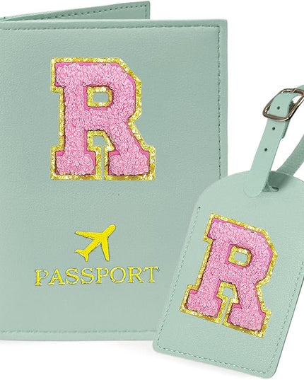 COSHAYSOO Initial Passport Cover Luggage Tag Set Letter Passport Holder Airplane Cruise Travel Essentials Vacation Traveling Accessories Personalized Gifts for Women Teen College Girls Teal R