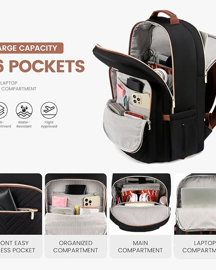 LOVEVOOK Laptop Backpack for Women 15.6 inch,Cute Womens Travel Backpack Purse,Professional Laptop Computer Bag,Waterproof Work Business College Teacher Bag Carry on Backpack with USB Port,Black Brown