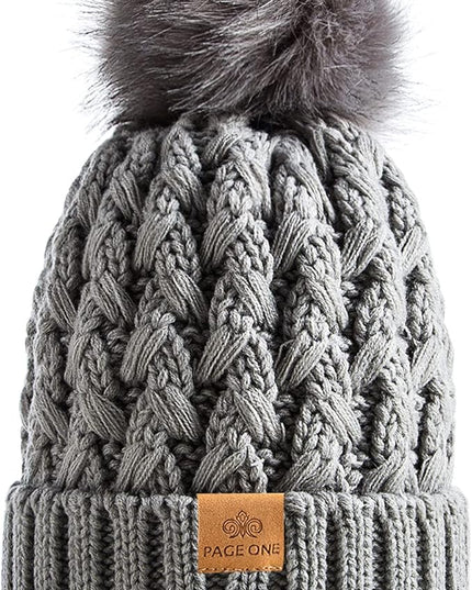 PAGE ONE Womens Winter Ribbed Beanie Crossed Cap Chunky Cable Knit Pompom Soft Warm Hat