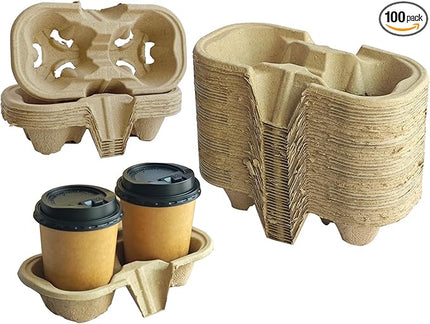 Coffee Cup Holder Disposable Cup Holder Tray, Two Cup Carrier Tray 100 Pack,Biodegradable, Eco-Friendly Drink Carrier For Delivery Of Hot Or Cold Drinks (Two-cup size tray)