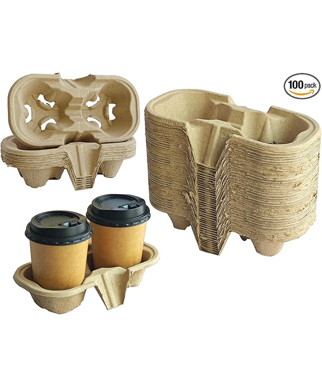 Coffee Cup Holder Disposable Cup Holder Tray, Two Cup Carrier Tray 100 Pack,Biodegradable, Eco-Friendly Drink Carrier For Delivery Of Hot Or Cold Drinks (Two-cup size tray)
