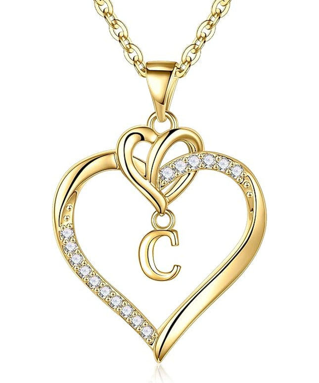 STORUP Christmas Gifts for Women Teen Girls - Heart Initial Necklaces for Women Girls, 14K-Gold-Plated Cubic Zirconia Initial A-Z Pendant Dainty Heart Necklaces for Teen Girl Jewelry Birthday Gifts