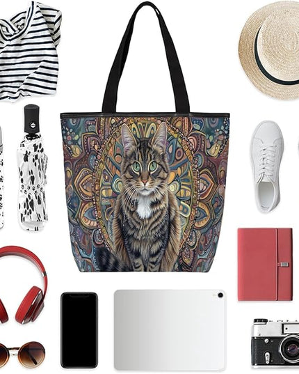 Pardick Canvas Tote Bags, Bohemian Cats Tote Bag Eco Friendly Reusable Grocery Shopping Bagsfor Beach, Books, Women with Zipper Inner Pocket