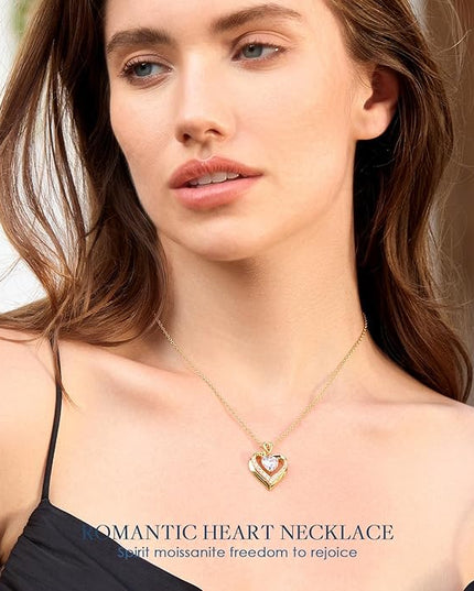Beam & Bask 2-3 Ct Moissanite Double Heart Pendant Necklaces for Wife, 18K Gold Plated S925 Silver Jewelry for Women Girlfriend Mom Her on Anniversary Birthday