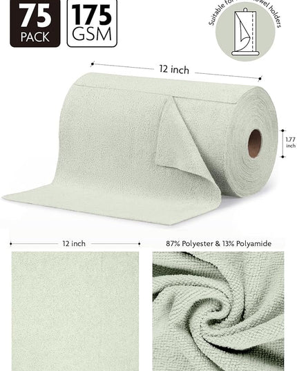 Fantasticlean Microfiber Cleaning Cloth Roll -75 pack, Tear Away Microfiber Towels, 12" x 12", Reusable, Washable, Scratch Free, Ultra Absorbent Dishcloth for All-around Cleaning Supplies (Moss Green)