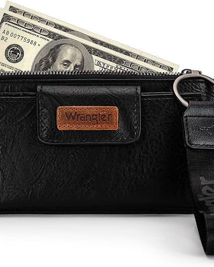 Montana West X Wrangler Black Minimalist Wallet for Women Ladies Female Card Cases & Money Organizers Wristlet with Wallet Large Clutch with Coin Purse Smooth Zipper and Rfid Lining WG179-W013BK