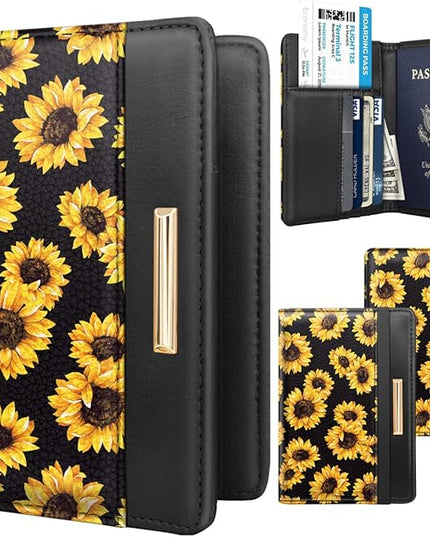 Passport Holder Cover Travel RFID Blocking Passport Cover Rose Gold Cute Flowers Passport Wallet with Elastic Band for Women