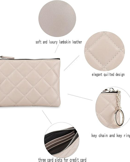 DORIS&JACKY Soft Lambskin Leather Coin Purse Small Quilted RFID Blocking Top Zipper Wallet With Key Chain