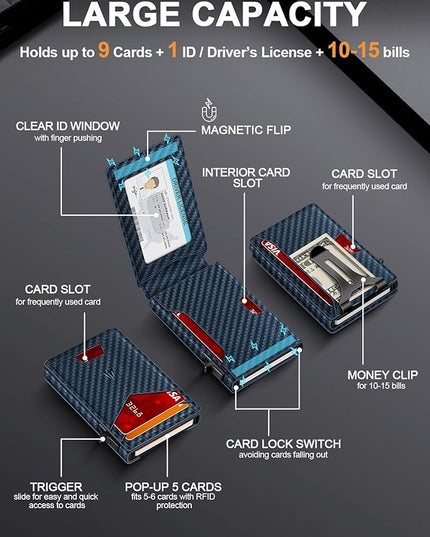 Ruiici Wallet for Men, Slim Minimalist Wallet with Money Clip＆ID Window, RFID Blocking Pop-Up Credit Card Holder, Smart Auminum Mens Wallet Holds 9-13 Cards (Gift Box) (Blue Carbon Fiber)