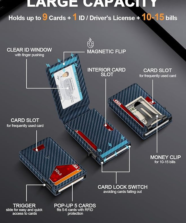 Ruiici Wallet for Men, Slim Minimalist Wallet with Money Clip＆ID Window, RFID Blocking Pop-Up Credit Card Holder, Smart Auminum Mens Wallet Holds 9-13 Cards (Gift Box) (Blue Carbon Fiber)