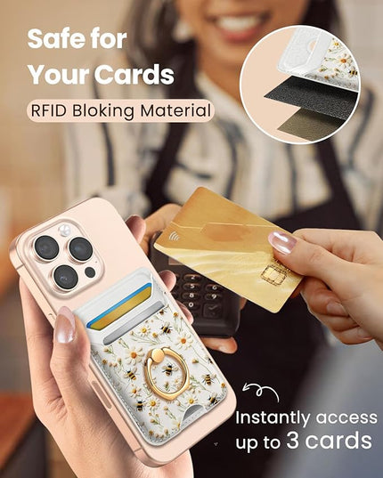 Shorogyt Compatible with Magsafe Wallet Magnetic Card Holder - Phone Wallets with Ring Grip Stand Cute Fashion for iPhone 17/16/15/14/13/12 Series for Women Girls White Bee Design, Fit 3 Cards